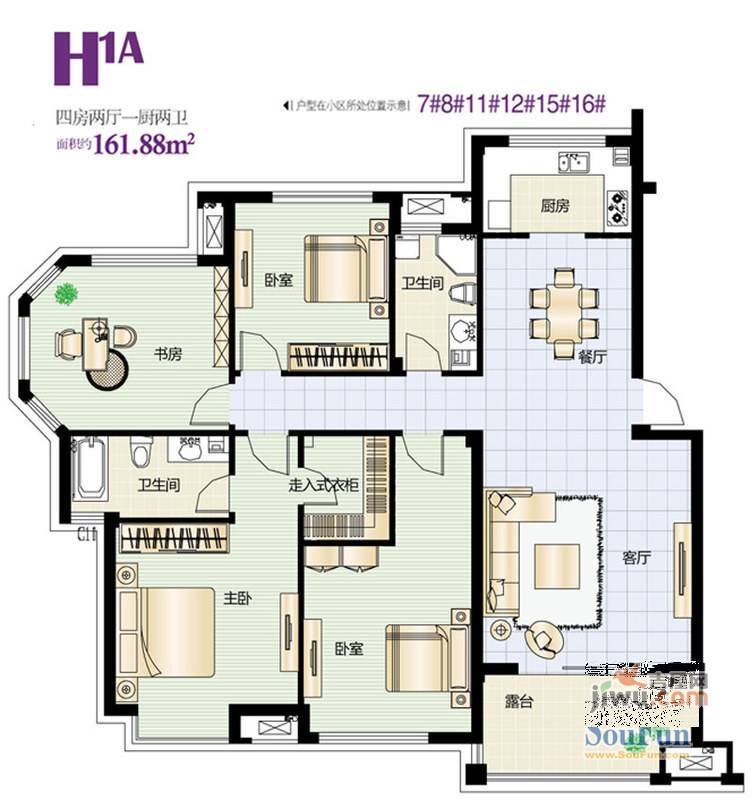 南岸花园3室2厅2卫128㎡户型图