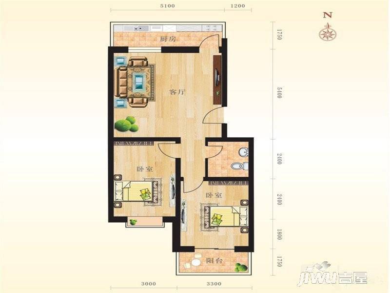 果岭小镇2室1厅1卫88.9㎡户型图