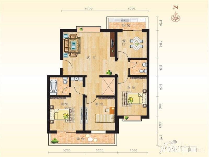 果岭小镇3室2厅2卫132㎡户型图