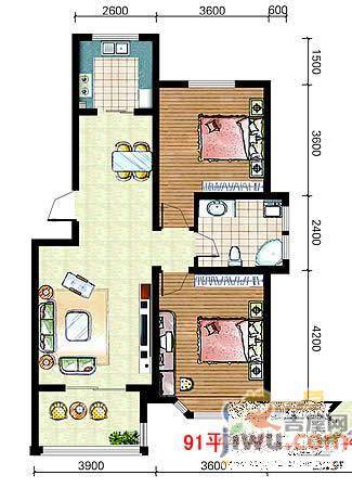 锦绣滨湖2室2厅1卫91㎡户型图