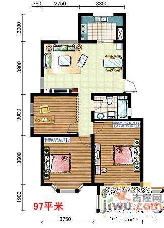 锦绣滨湖3室2厅1卫97㎡户型图