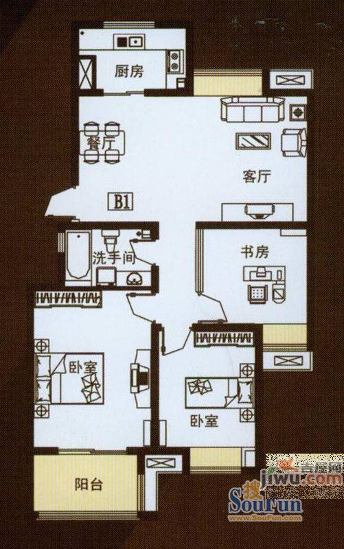 锦绣滨湖3室2厅1卫97㎡户型图