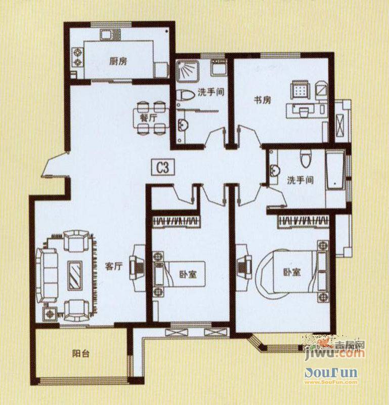 锦绣滨湖3室2厅2卫128㎡户型图