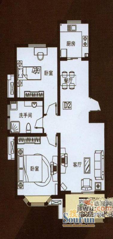 锦绣滨湖2室2厅1卫92㎡户型图