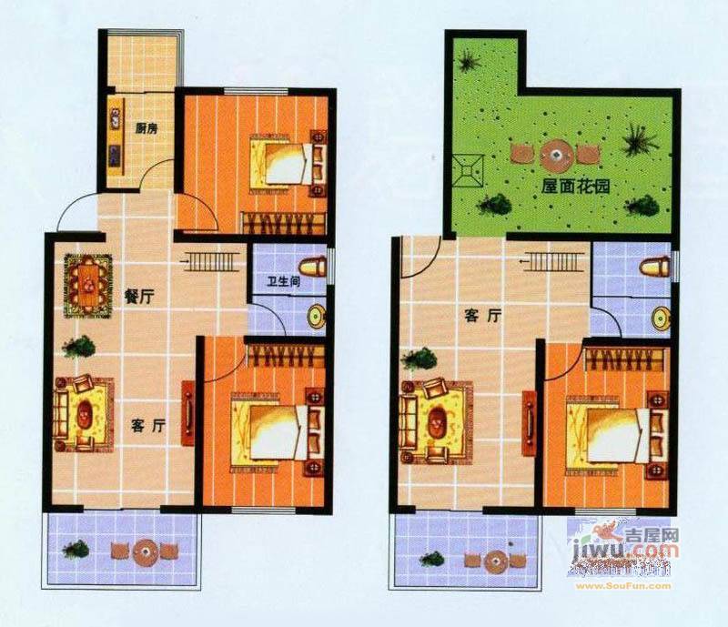 山水丽庭2室2厅1卫90㎡户型图