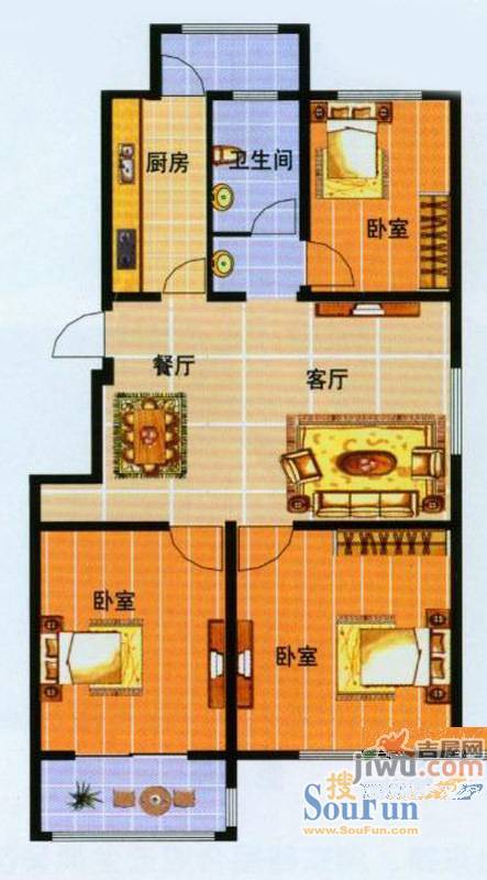 山水丽庭2室2厅1卫90㎡户型图