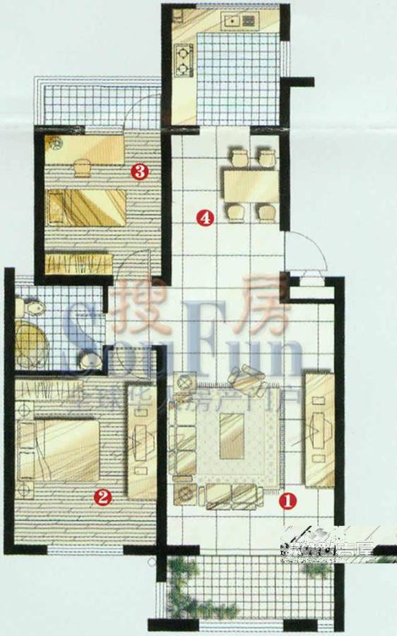 上院2室2厅1卫102㎡户型图