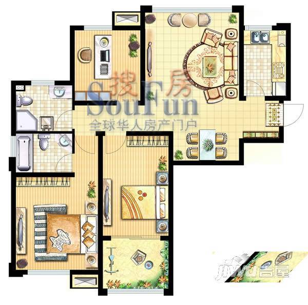 河畔花城3室2厅2卫115㎡户型图