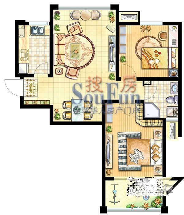 河畔花城2室2厅1卫90㎡户型图