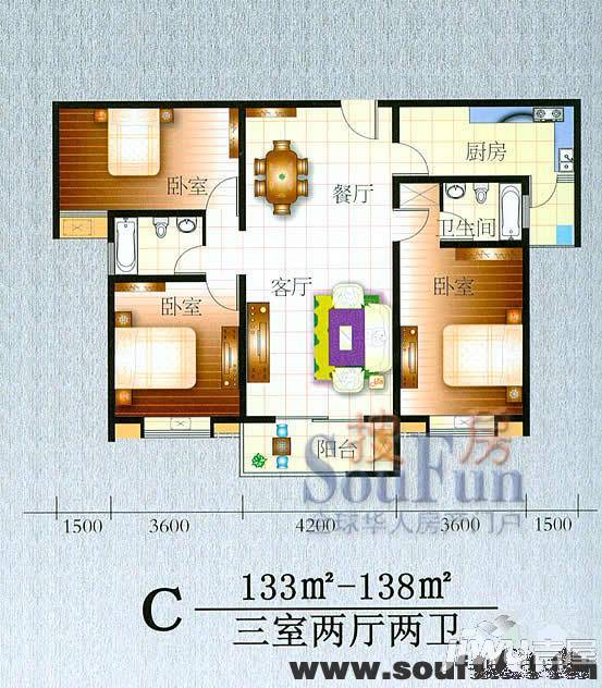 万宁华府2室2厅2卫88㎡户型图