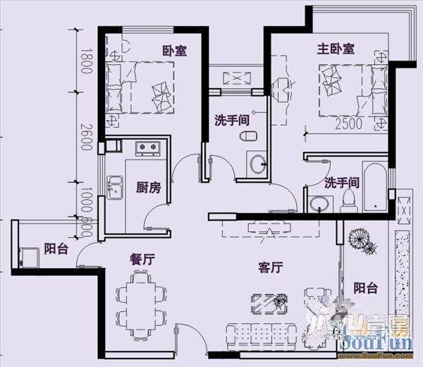 宝恒公寓2室1厅1卫户型图