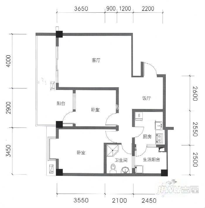 管道公寓2室1厅1卫户型图