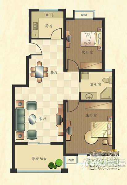 国泰山居笔记2室2厅1卫90.6㎡户型图