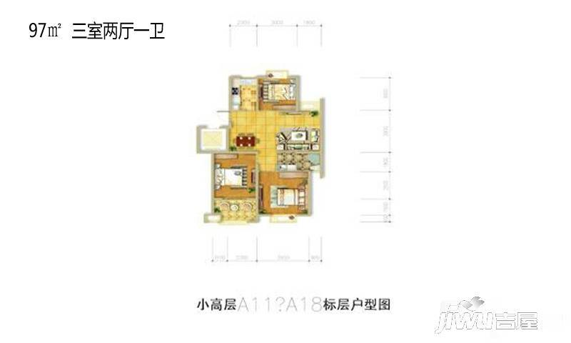 奥体清华苑3室2厅1卫103㎡户型图