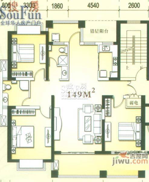 开元山庄紫庭苑3室2厅2卫153.5㎡户型图