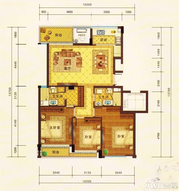 绿城·玫瑰园3室2厅2卫133㎡户型图