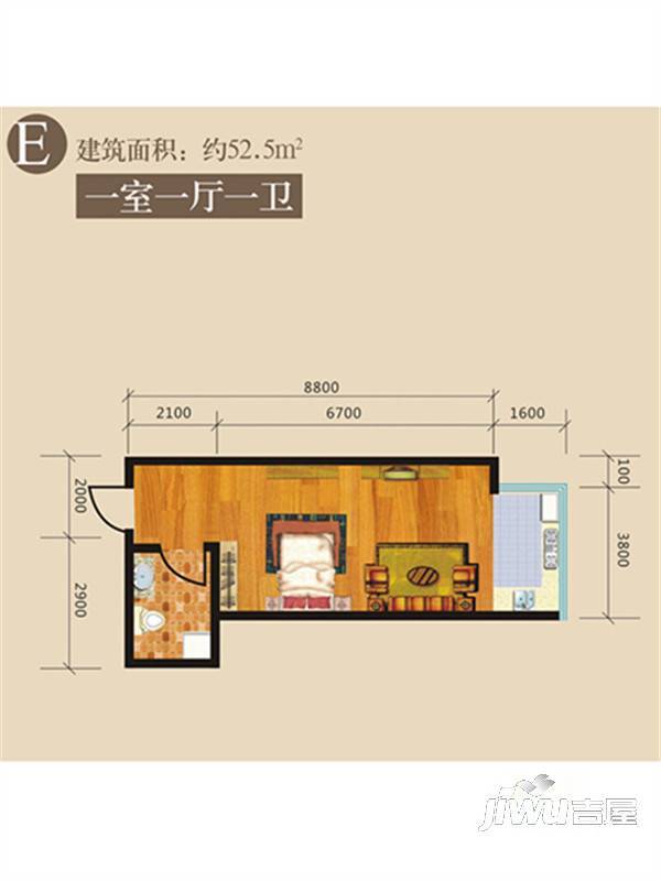 湖畔佳苑1室1厅1卫52.5㎡户型图