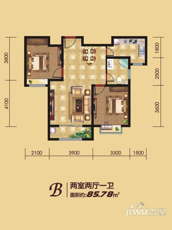 隆基泰和万和郡2室2厅1卫85.8㎡户型图