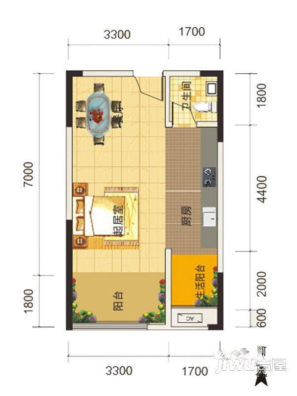 鑫源国际1室1厅1卫47.6㎡户型图