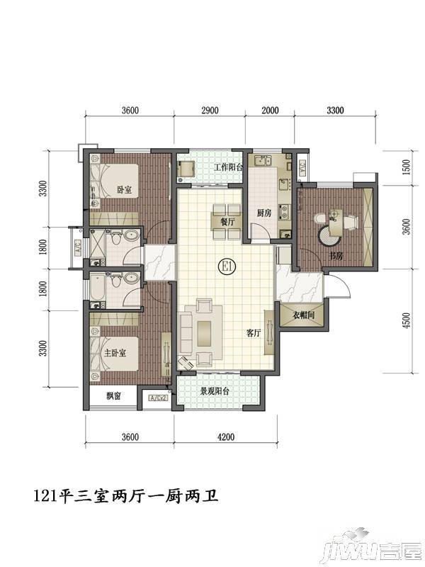 西安三迪枫丹3室2厅2卫121㎡户型图