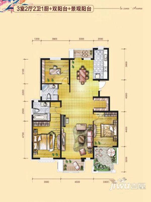 首创漫香郡公寓3室2厅2卫150㎡户型图