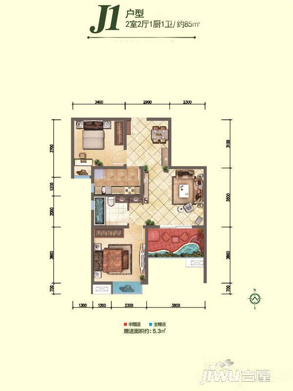 融尚中央住区2室2厅1卫85㎡户型图