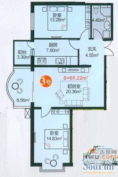 新大发国际广场2室1厅1卫65.2㎡户型图