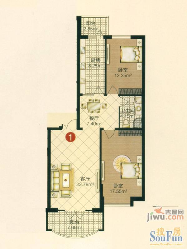 新大发国际广场2室1厅1卫65.2㎡户型图