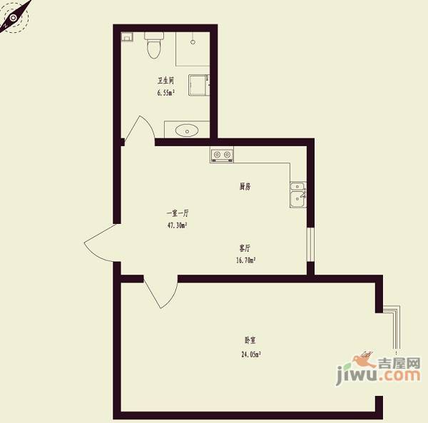 金鼎栢悦1室1厅1卫47.3㎡户型图