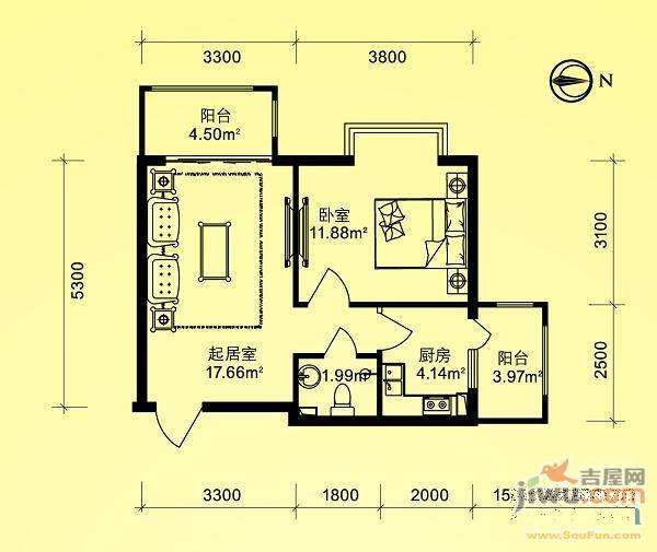 海富金棕榈1室1厅1卫35.7㎡户型图