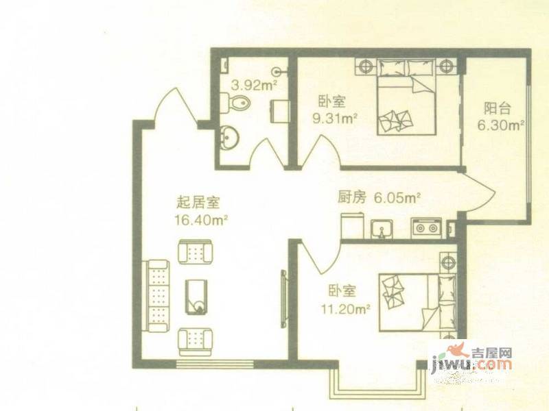 海富金棕榈2室1厅1卫46.9㎡户型图