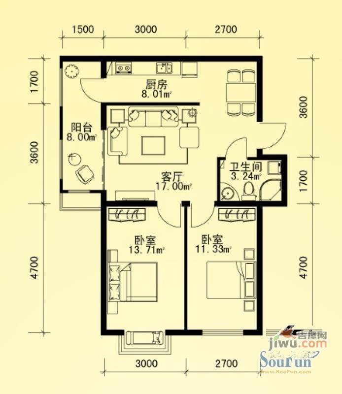 海富金棕榈2室1厅1卫53.3㎡户型图