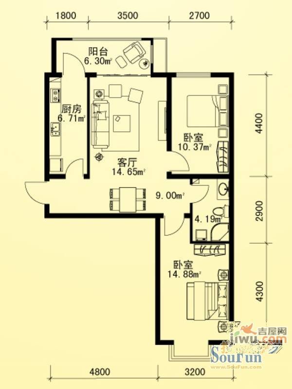 海富金棕榈2室1厅1卫59.8㎡户型图