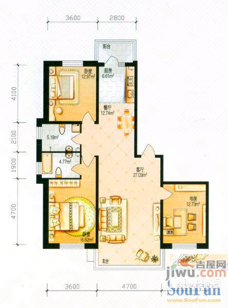 中北春城三期2室2厅1卫71.6㎡户型图