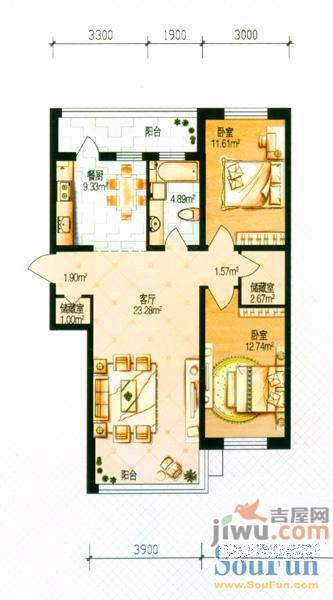 中北春城三期2室2厅1卫71.6㎡户型图