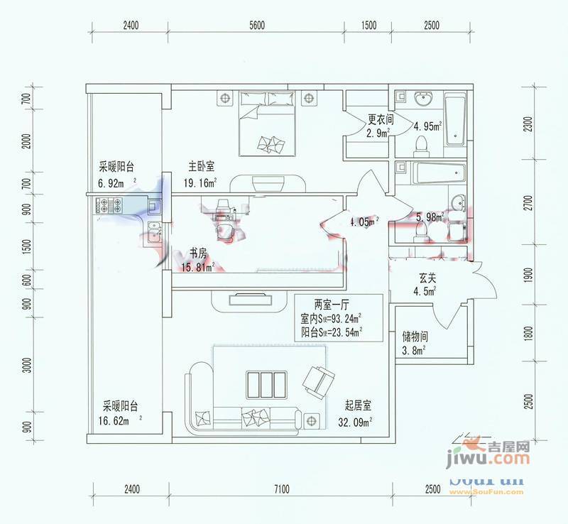 宏景天地3室2厅1卫户型图