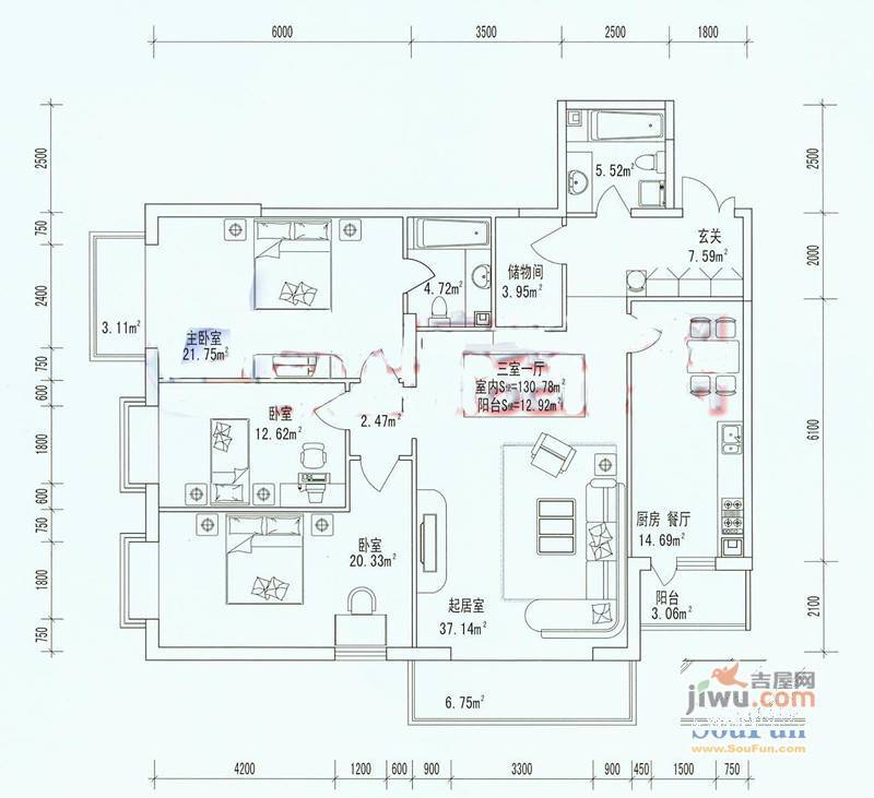 宏景天地3室2厅1卫户型图