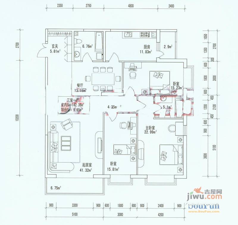 宏景天地3室2厅1卫户型图