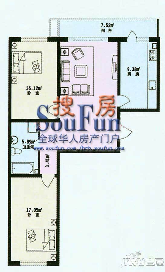 鸿景兴园2室2厅1卫77.7㎡户型图