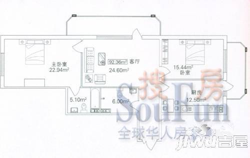 麒麟华府1室1厅1卫45.5㎡户型图