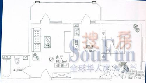 麒麟华府1室1厅1卫45.5㎡户型图