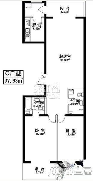 公园一品2室1厅2卫97.6㎡户型图