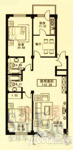 龙电花园2室1厅2卫90㎡户型图