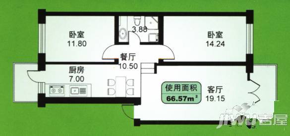 江畔方元3室1厅1卫128㎡户型图