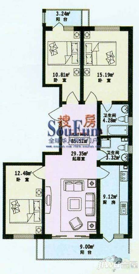 鸿景兴园2室2厅1卫77.7㎡户型图