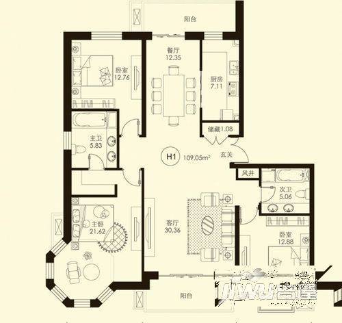 皇家花园3室2厅2卫户型图