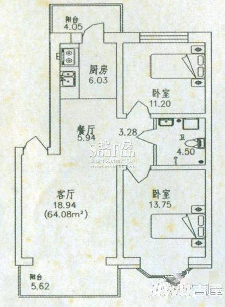 岸北桃源2室2厅1卫户型图