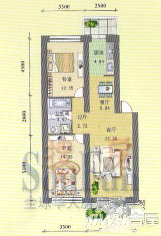 军安绿色家园1室1厅1卫59.8㎡户型图