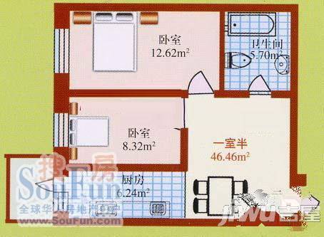 南棵绿荫2室1厅1卫76.4㎡户型图