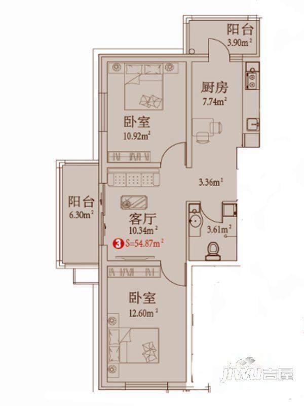 哈南之星2室1厅1卫54.9㎡户型图